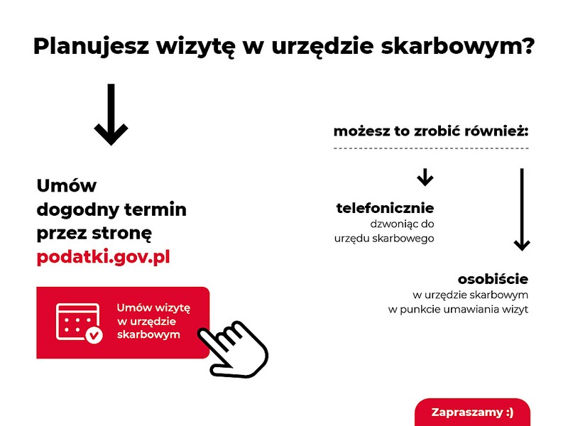Plakat zachęcający do umówienia terminu wizyty w urzędzie skarbowym przez stronę www.podatki.gov.pl