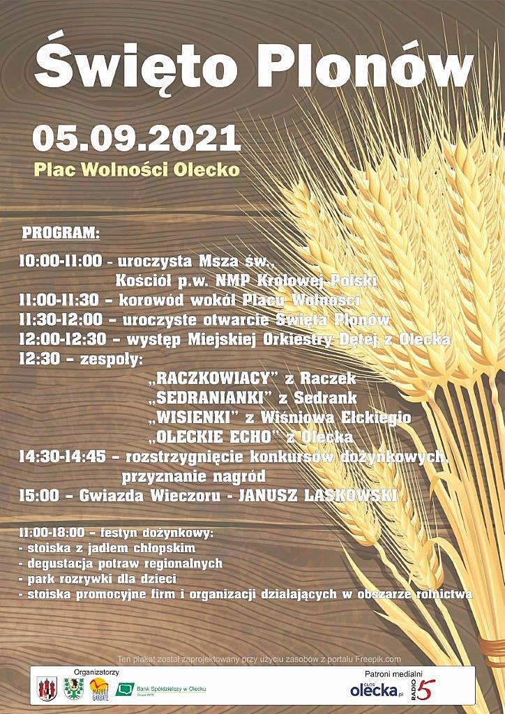 Plakat Dożynek ze szczegółowym programem: 5 września 2021 r., Plac Wolności w Olecku, godz. 11:00-18:00