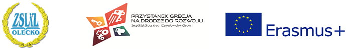 Po lewej logo ZSLIZ w Olecku, w środku logo projektu „Przystanek Grecja na drodze do rozwoju” a po prawej Erasmus +.