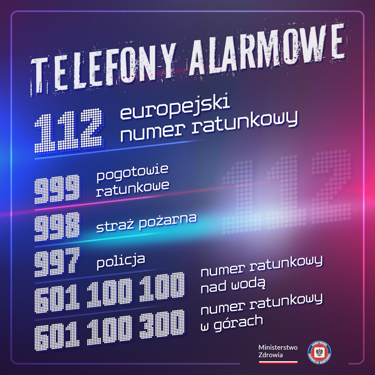 Białe napisy. Telefony alarmowe. 112 europejski numer ratunkowy. 999 pogotowie ratunkowe. 998 straż pożarna. 997 policja. 601 100 100 numer ratunkowy nad wodą. 601 100 300 numer ratunkowy w górach. Za nimi kolorowe tło. Na dole po prawej 2 logotypy. Od lewej logo z napisem: Ministerstwo Zdrowia z barwami Polski. Po prawej logo z godłem Polski i napisem wokoło: Państwowa Inspekcja Sanitarna.