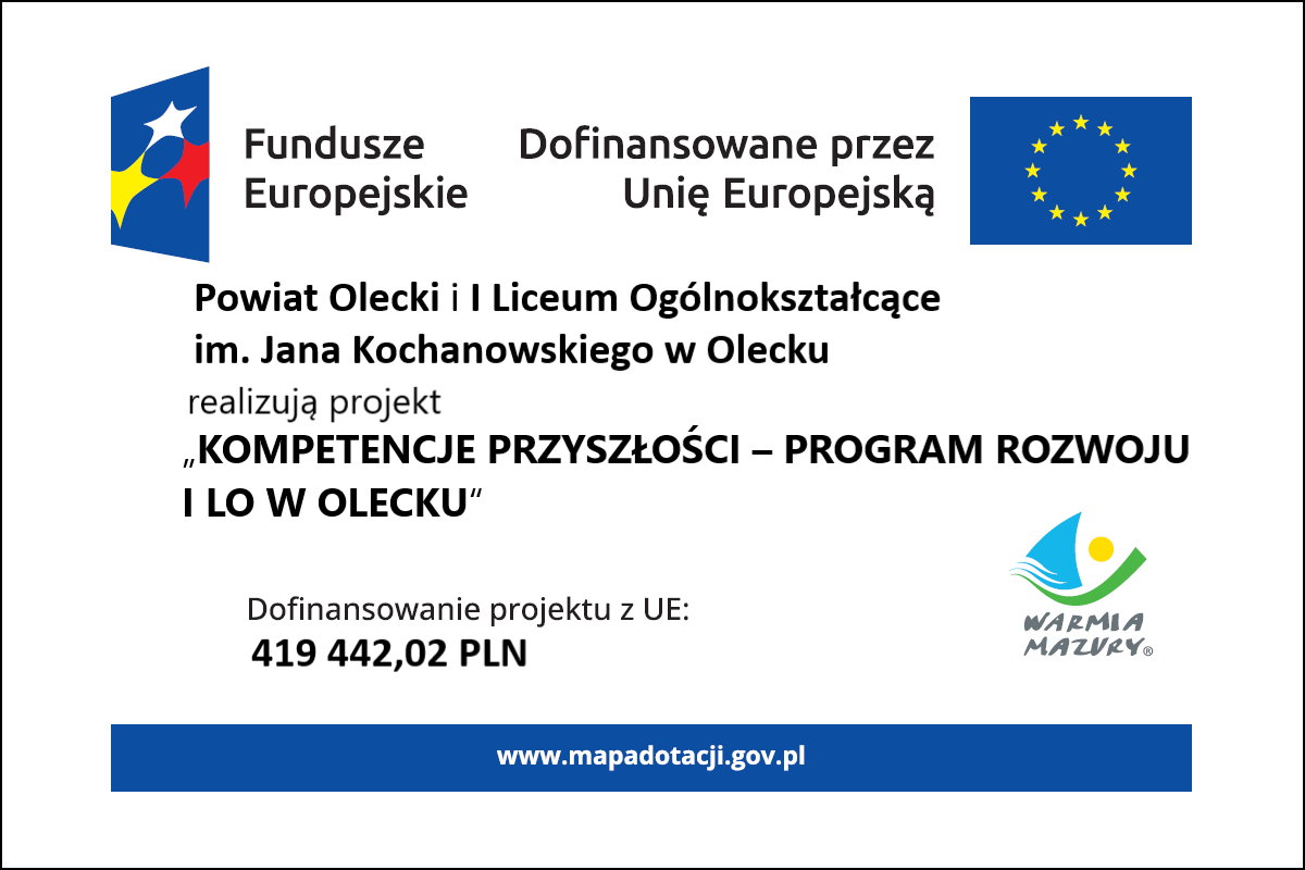 Na górze 2 logo. Od lewej znak Funduszy Europejskich z napisem: Fundusze Europejskie. Dalej napis: dofinansowane przez Unię Europejską z flagą Unii Europejskiej. Pod nimi treść. Powiat Olecki i I Liceum Ogólnokształcące im. Jana Kochanowskiego w Olecku realizują projekt „Kompetencje przyszłości – program rozwoju I LO w Olecku”. Dofinansowanie projektu z UE: 419 442,02 PLN. www.mapadotacji.gov.pl. Po prawej na dole logo Województwa Warmińsko-Mazurskiego z napisem Warmia Mazury.