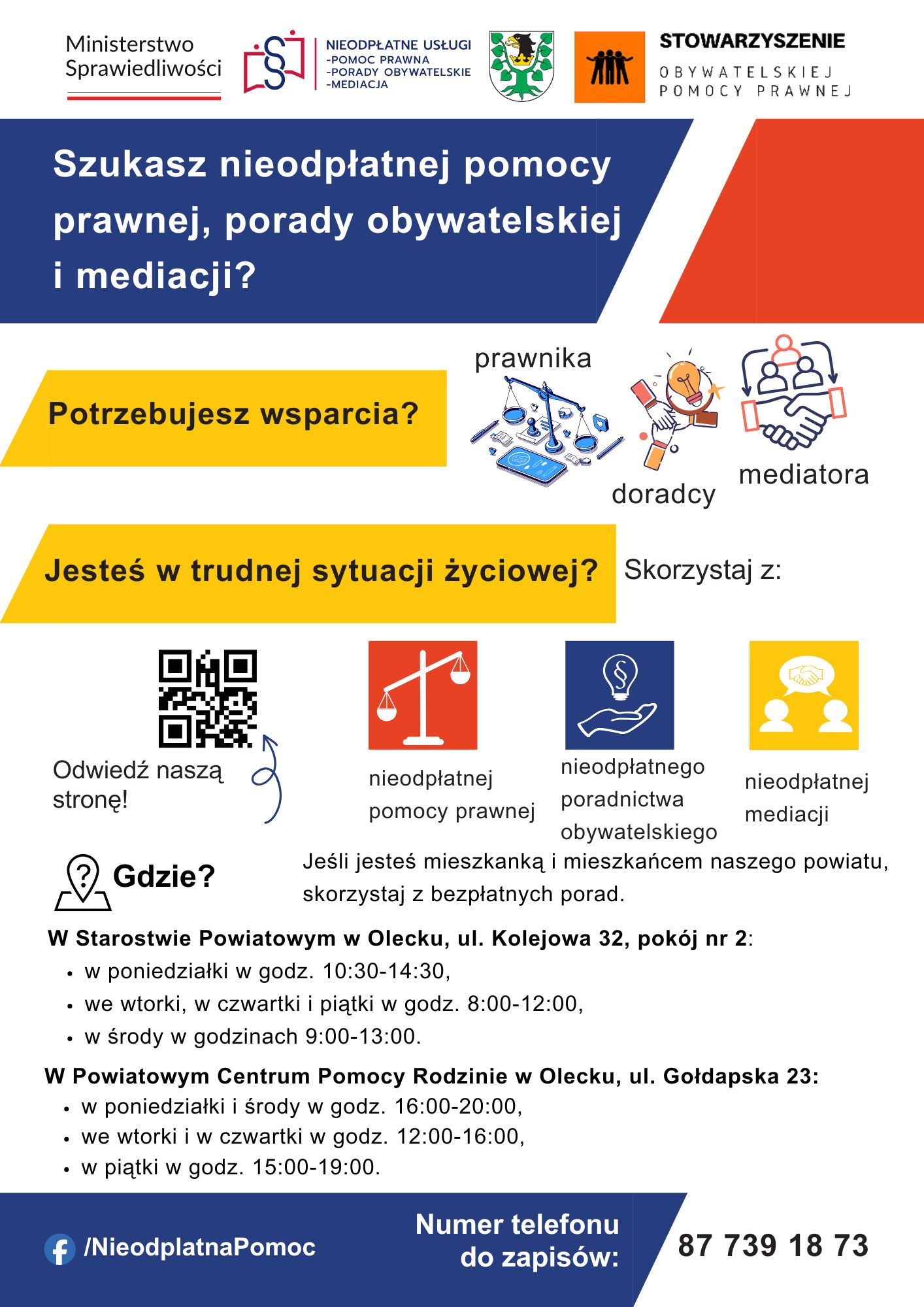 Na górze 4 logo, w tym 2 urzędów, systemu nieodpłatnej pomocy prawnej i stowarzyszenia. Pod nimi treść. Szukasz nieodpłatnej pomocy prawnej, porady obywatelskiej i mediacji? Potrzebujesz wsparcia? Prawnika, doradcy, mediatora. Jesteś w trudnej sytuacji życiowej? Skorzystaj z: nieodpłatnej pomocy prawnej, nieodpłatnego poradnictwa obywatelskiego, nieodpłatnej mediacji. Jeśli jesteś mieszkanką i mieszkańcem naszego powiatu, skorzystaj z bezpłatnych porad. Gdzie? W Starostwie Powiatowym w Olecku, ul. Kolejowa 32, pokój nr 2: w poniedziałki w godz. 10:30-14:30, we wtorki, w czwartki i piątki w godz. 8:00-12:00, w środy w godzinach 9:00-13:00. W Powiatowym Centrum Pomocy Rodzinie w Olecku, ul. Gołdapska 23: w poniedziałki i środy w godz. 16:00-20:00, we wtorki i w czwartki w godz. 12:00-16:00, w piątki w godz. 15:00-19:00. Na plakacie jest QR kod do https://www.gov.pl/web/nieodplatna-pomoc. Jest też ikona Facebook’a i treść: /NieodplatnaPomoc. Obok napis. Numer telefonu do zapisów: 87 739 18 73. W tle obrazki, które nawiązują do porad prawnych i obywatelskich i mediacji.