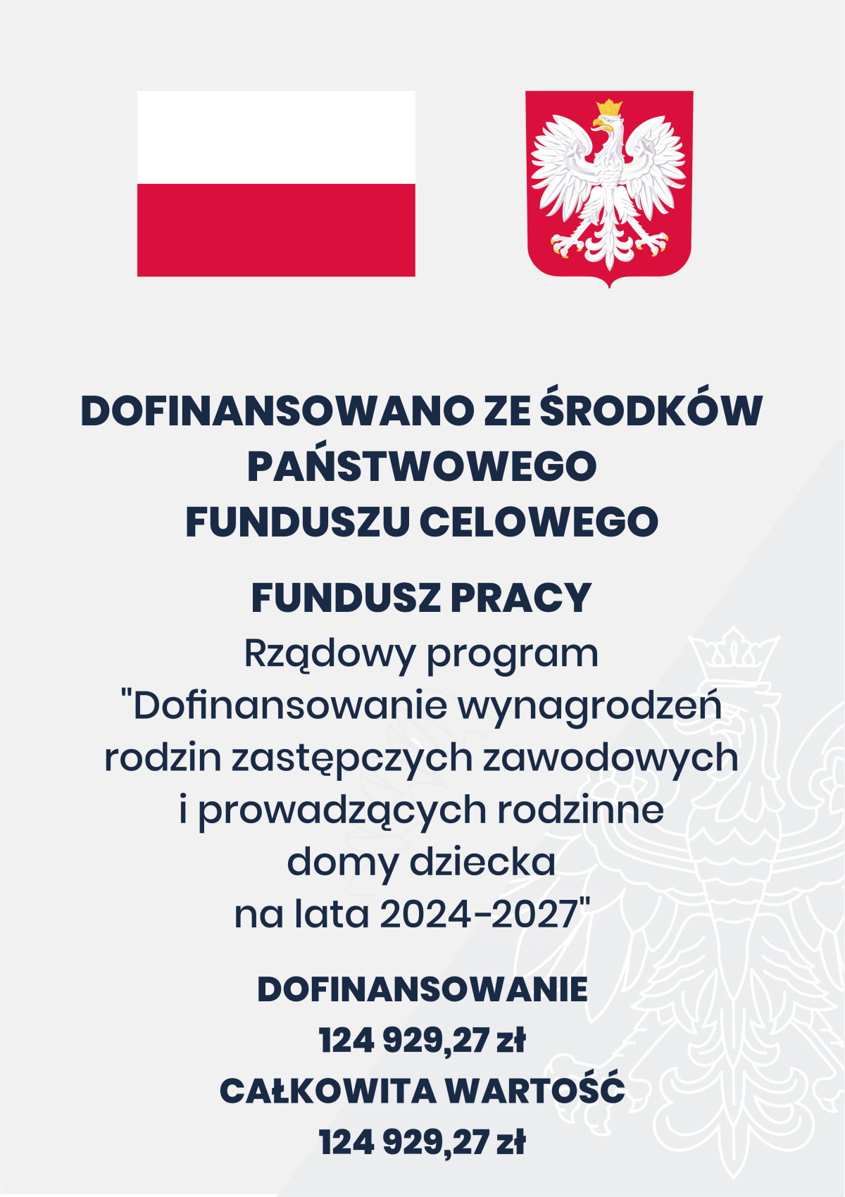 Na górze flaga i godło Polski. Pod nimi napisy. Dofinansowano ze środków Państwowego Funduszu Celowego. Fundusz Pracy. Rządowy program dofinansowanie wynagrodzeń rodzin zastępczych zawodowych i prowadzących rodzinne domy dziecka na lata 2024-2027. Dofinansowanie 124 929,27 zł. Całkowita wartość 124 929,27 zł.