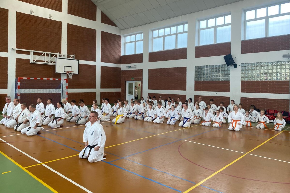 Kilkadziesiąt osób, tj. dorosłych, młodzieży i dzieci, klęczy obok siebie w rzędach w sali gimnastycznej. Są oni w kimonach do karate. Mają różne kolory pasów.