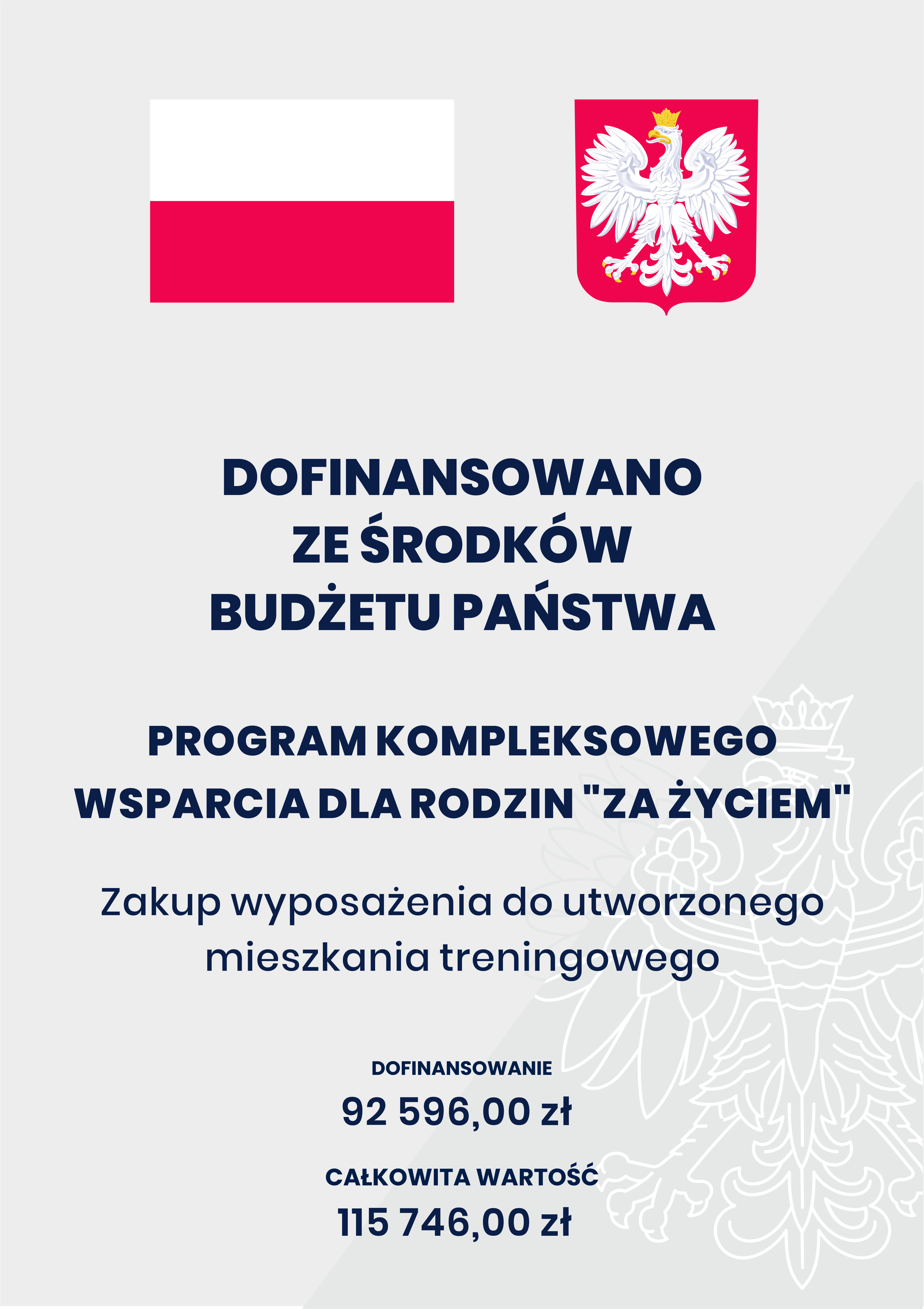 Na górze flaga i godło Polski. Pod nimi napisy. Dofinansowano ze środków budżetu państwa. Program kompleksowego wsparcia dla rodzin „Za życiem”. Zakup wyposażenia do utworzonego mieszkania treningowego. Dofinansowanie 92 596,00 zł. Całkowita wartość 115 746,00 zł.