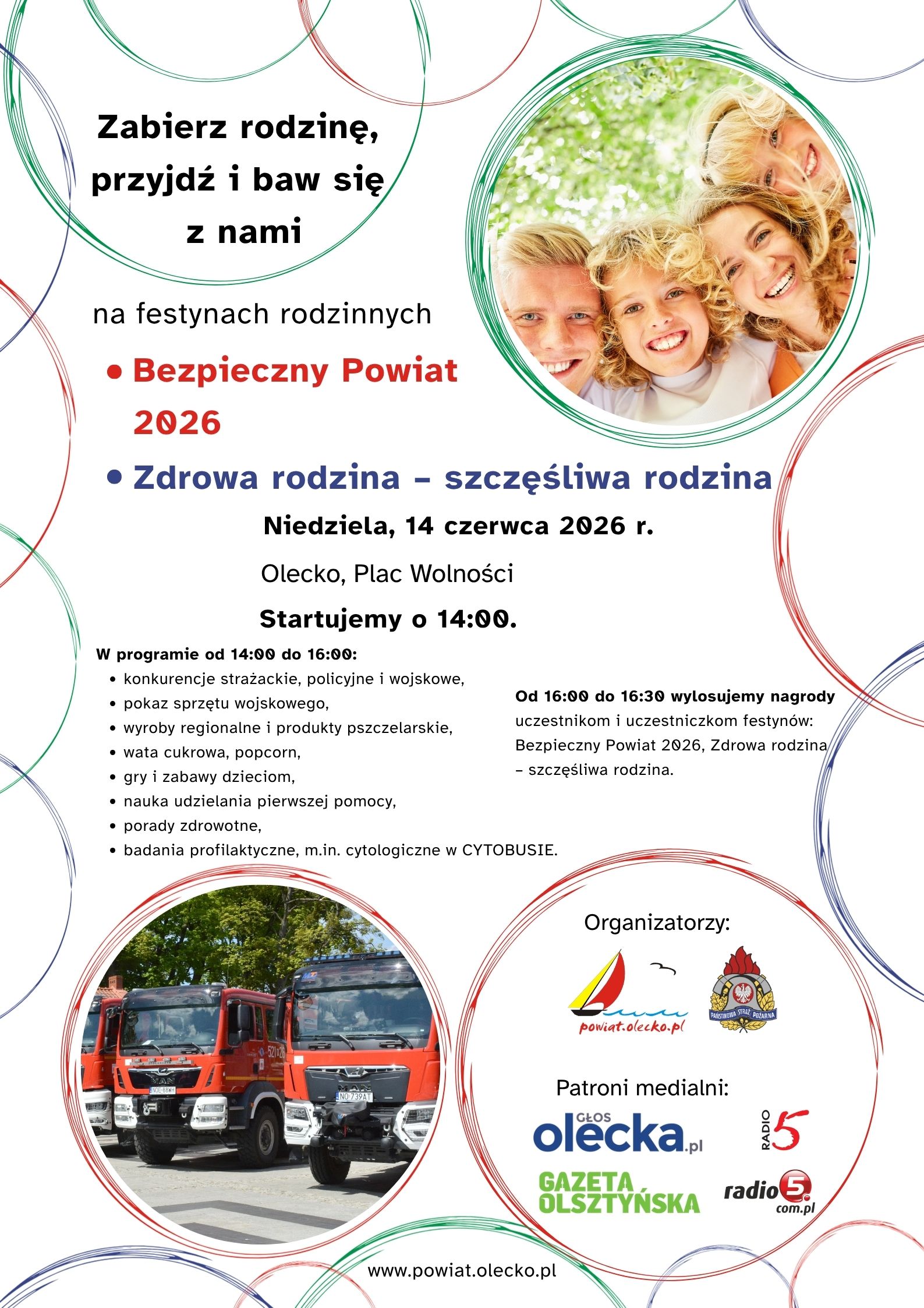 Plakat promujący rodzinne festyny &bdquo;Bezpieczny Powiat 2026&rdquo; i &bdquo;Zdrowa rodzina